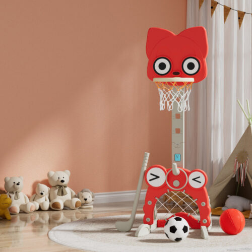 Keezi Kids Basketball Hoop Stand Adjustable 5-in-1 Sports Center Toys Set Red - Image 5