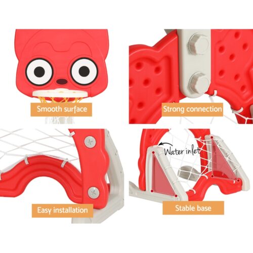 Keezi Kids Basketball Hoop Stand Adjustable 5-in-1 Sports Center Toys Set Red - Image 6