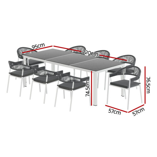 Gardeon Outdoor Dining Set 9 Piece Steel Table Chairs Setting White - Image 2