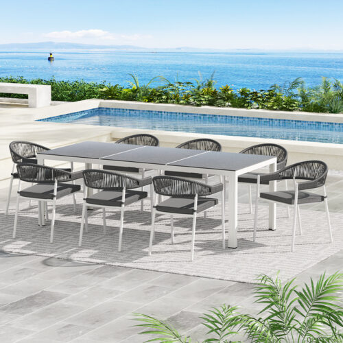 Gardeon Outdoor Dining Set 9 Piece Steel Table Chairs Setting White - Image 7