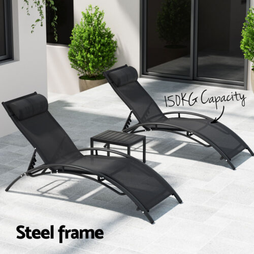Gardeon 3PC Sun Lounge Outdoor Lounger Steel Table Chairs Patio Furniture Garden - Image 5