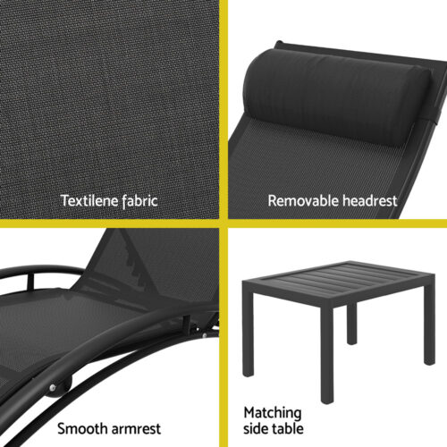Gardeon 3PC Sun Lounge Outdoor Lounger Steel Table Chairs Patio Furniture Garden - Image 6