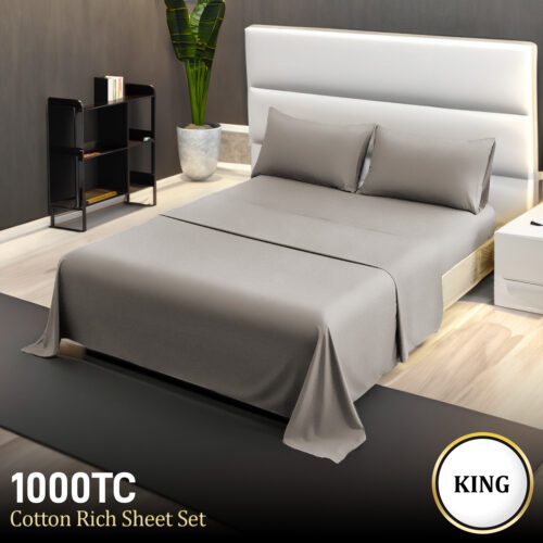 4pc 1000 Thread Count Cotton Rich King Bed Sheet Set CVC Microfibre Blend Silver - Image 7