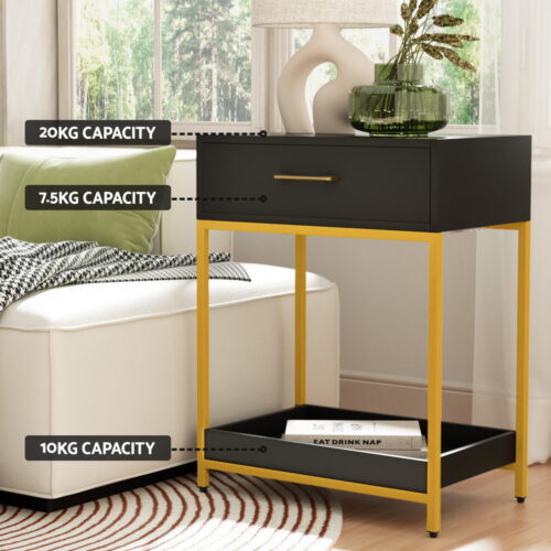 Artiss Bedside Table Drawers Side Table Shelf Storage Nightstand Black MASON - Image 5