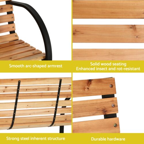 Gardeon Outdoor Garden Bench Seat 120cm Wooden Steel 2 Seater Patio Furniture Natural - Image 4