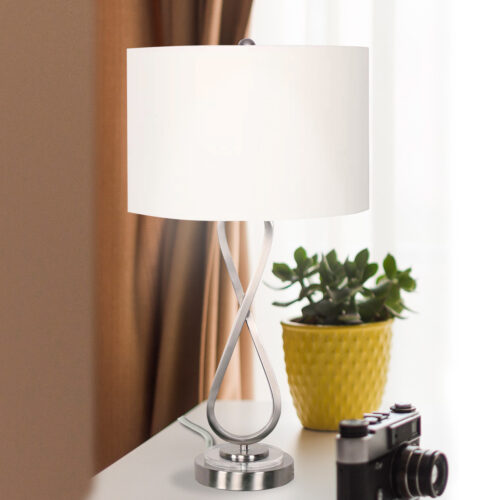 Sarantino Contemporary Table Lamp Nickel Finish Linen Drum Lights Shade Metal Base - Image 5