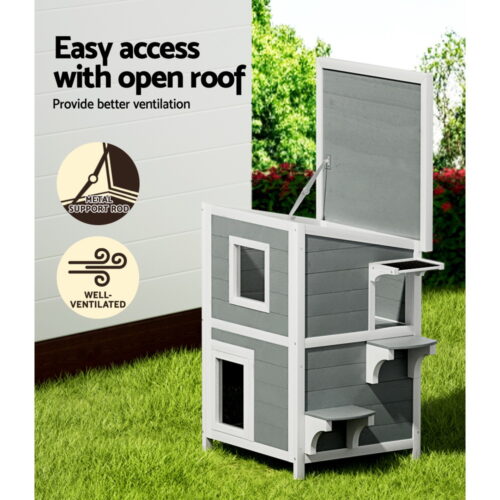i.Pet Outdoor Cat House Shelter 56cm x 52cm x 82cm Rabbit Hutch Wooden Condo Small Outdoor Cat House - Image 5