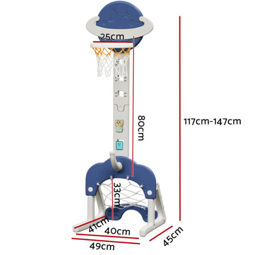 Keezi Kids Basketball Hoop Stand Adjustable 6-in-1 Sports Center Toys Set Blue - Image 2