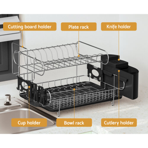 Cefito Dish Rack Drying Drainer Cup Holder Cutlery Tray Kitchen Organiser 2-Tier - Image 4