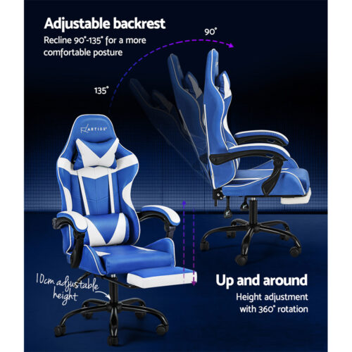 Artiss Gaming Office Chair Executive Computer Leather Chairs Footrest Blue White - Image 5