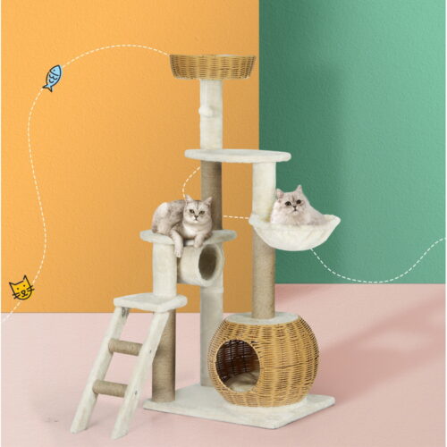 i.Pet Cat Tree 138cm Tower Scratching Post Scratcher Wood Bed Condo House Rattan Ladder - Image 7