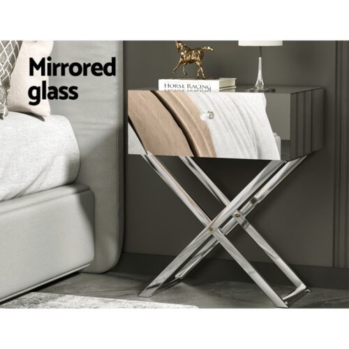 Artiss Mirrored Bedside Table Drawers Side Table Storage Nightstand Silver MOCO - Image 4