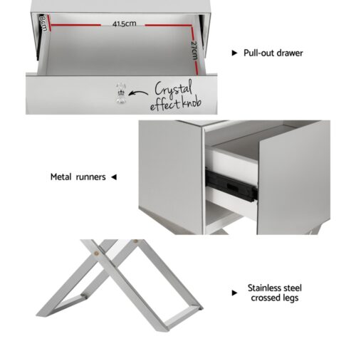 Artiss Mirrored Bedside Table Drawers Side Table Storage Nightstand Silver MOCO - Image 6