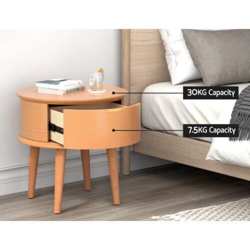 Artiss Bedside Table Drawers Curved Side End Table Storage Nightstand Oak ENZO - Image 5