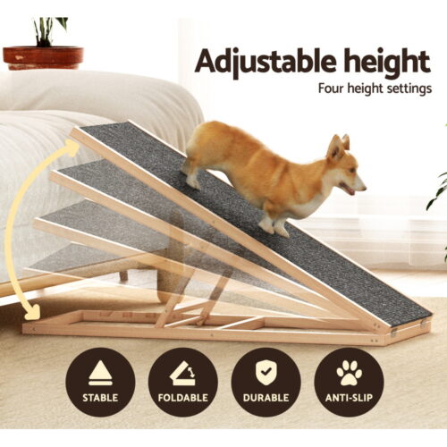 i.Pet Dog Ramp 100cm Adjustable Height Wooden Steps Stairs For Bed Sofa Car Foldable - Image 5