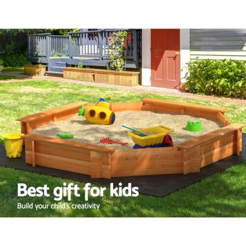 Keezi Kids Sandpit Wooden Round Sand Pit with Cover Bench Seat Beach Toys 182cm - Image 5