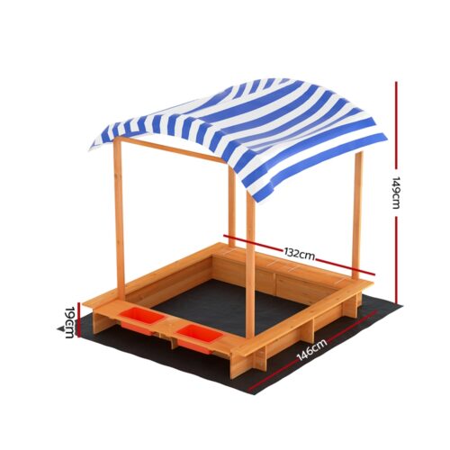 Keezi Kids Sandpit Wooden Sandbox Sand Pit with Canopy Water Basin Toys 146cm - Image 2