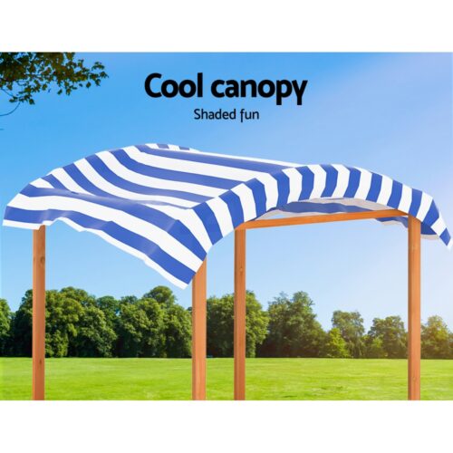 Keezi Kids Sandpit Wooden Sandbox Sand Pit with Canopy Water Basin Toys 146cm - Image 5