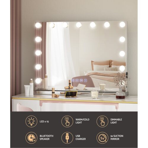 Embellir Bluetooth Makeup Mirror 58x46cm Hollywood Vanity with LED Light Wall - Image 4