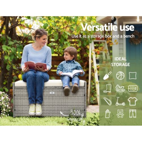 Gardeon Outdoor Storage Bench Box Wicker Garden Sheds Tools Cushion Patio Furniture Grey - Image 5