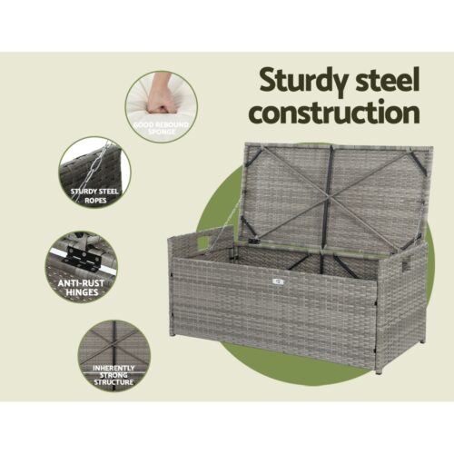 Gardeon Outdoor Storage Bench Box Wicker Garden Sheds Tools Cushion Patio Furniture Grey - Image 6