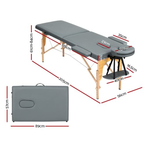Zenses Massage Table 56cm Portable 2 Fold Wooden Beauty Bed Grey - Image 2