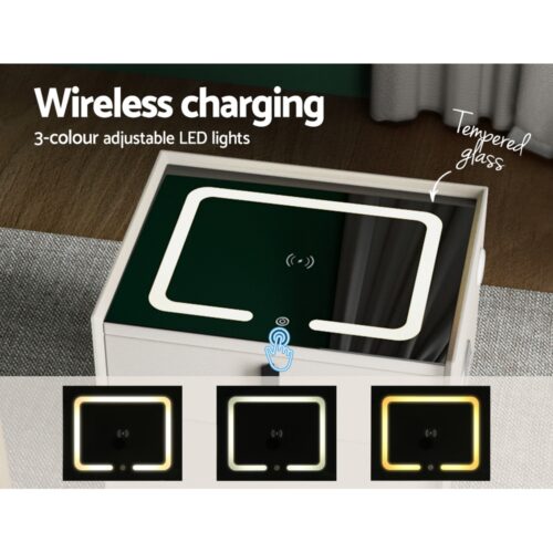 Artiss Smart Bedside Table 2 Drawers with Wireless Charging Ports LED White AIKA - Image 4