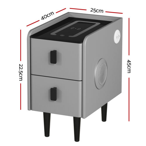 Artiss Smart Bedside Table 2 Drawers with Wireless Charging Ports LED Grey AIDA - Image 3