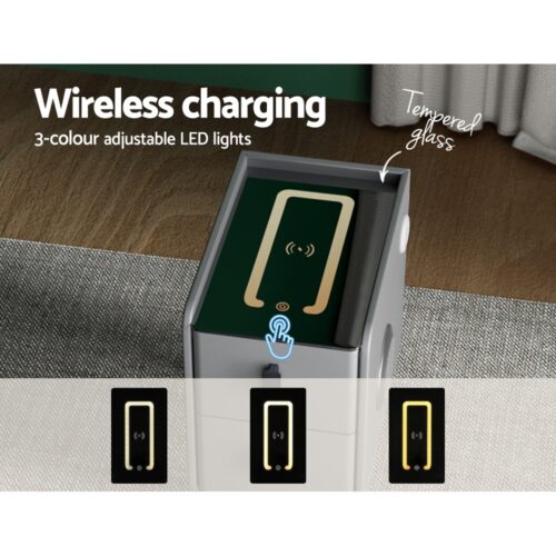 Artiss Smart Bedside Table 2 Drawers with Wireless Charging Ports LED Grey AIDA - Image 5