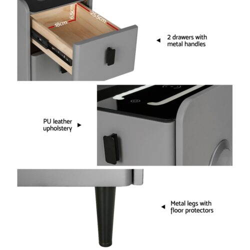 Artiss Smart Bedside Table 2 Drawers with Wireless Charging Ports LED Grey AIDA - Image 7