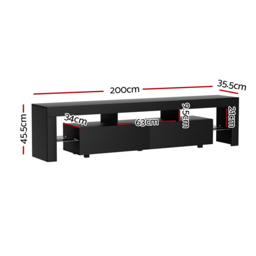 Artiss TV Cabinet Entertainment Unit Stand RGB LED Gloss Furniture 200cm Black - Image 4