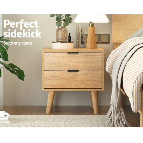 Artiss Bedside Table 2 Drawers - Pine - Image 4