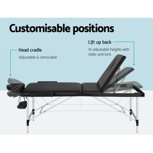 Zenses Massage Table 85cm Portable 3 Fold Aluminium Beauty Bed Black - Image 4
