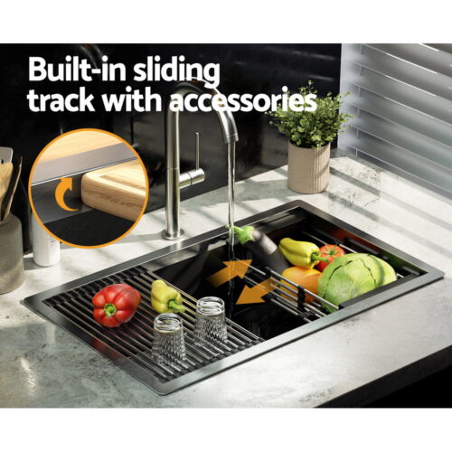 Cefito Kitchen Sink 70X45CM Stainless Steel Single Bowl Drain Rack Basket Black - Image 5