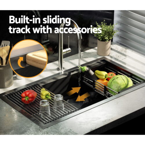 Cefito Kitchen Sink 81X45CM Stainless Steel Single Bowl Drain Rack Basket Black - Image 5