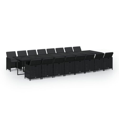 17-Piece Garden Dining Set with Cushions Black Poly Rattan Wicker Outdoor Patio Furniture