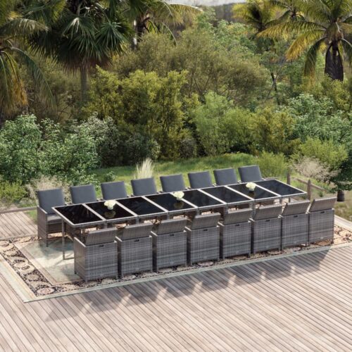 17-Piece Garden Dining Set with Cushions Grey Poly Rattan Wicker Outdoor Patio Furniture - Image 2