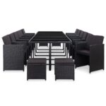 17-Piece Outdoor Dining Set with Cushions Poly Rattan Wicker Outdoor Patio Furniture Black