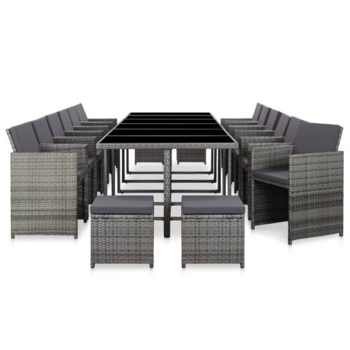 17-Piece Outdoor Dining Set with Cushions Poly Rattan Wicker Outdoor Patio Furniture Grey - Image 3
