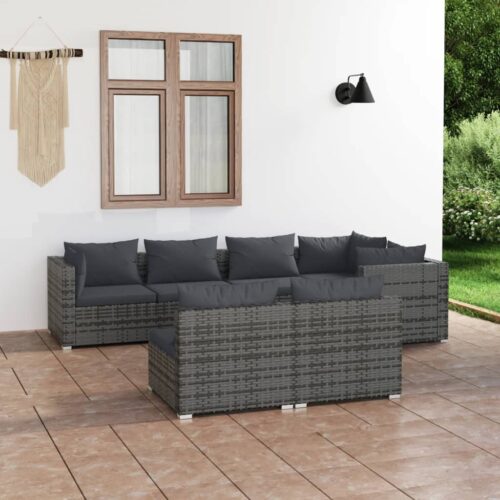 7-Piece Garden Lounge Set with Cushions Grey Poly Rattan Wicker Outdoor Patio Furniture - Image 2