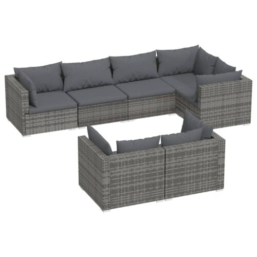 7-Piece Garden Lounge Set with Cushions Grey Poly Rattan Wicker Outdoor Patio Furniture