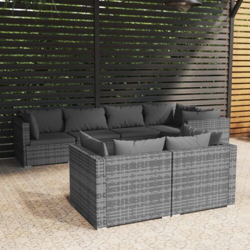 7-Piece Garden Lounge Set with Cushions Grey Poly Rattan Wicker Outdoor Patio Furniture - Image 2