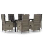 7-Piece Garden Dining Set with Cushions Black Grey Poly Rattan Wicker Outdoor Patio Furniture