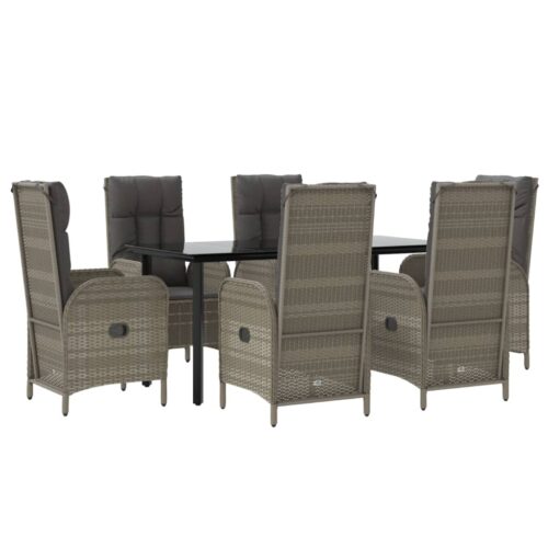 7-Piece Garden Dining Set with Cushions Black Grey Poly Rattan Wicker Outdoor Patio Furniture - Image 3