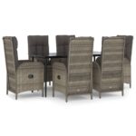 7-Piece Garden Dining Set with Cushions Black Grey Poly Rattan Wicker Outdoor Patio Furniture
