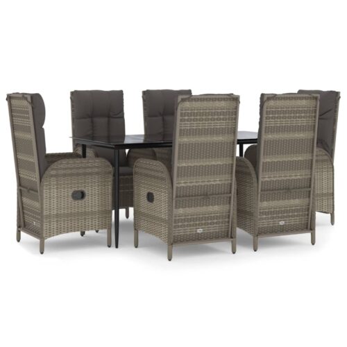 7-Piece Garden Dining Set with Cushions Black Grey Poly Rattan Wicker Outdoor Patio Furniture