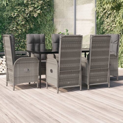 7-Piece Garden Dining Set with Cushions Black Grey Poly Rattan Wicker Outdoor Patio Furniture - Image 2