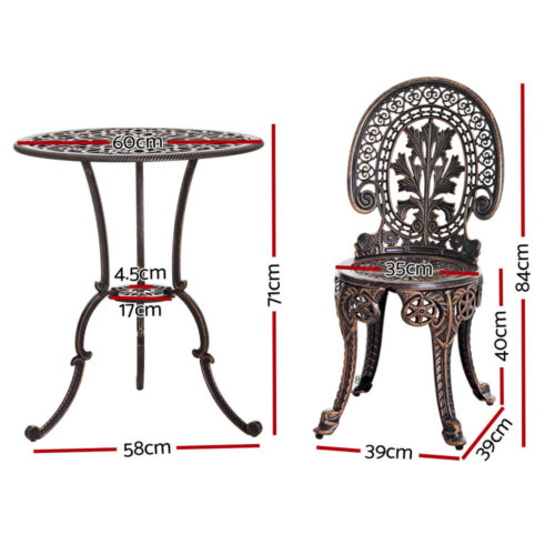 Gardeon 3PC Patio Furniture Outdoor Bistro Set Dining Chairs Aluminium Bronze - Image 2