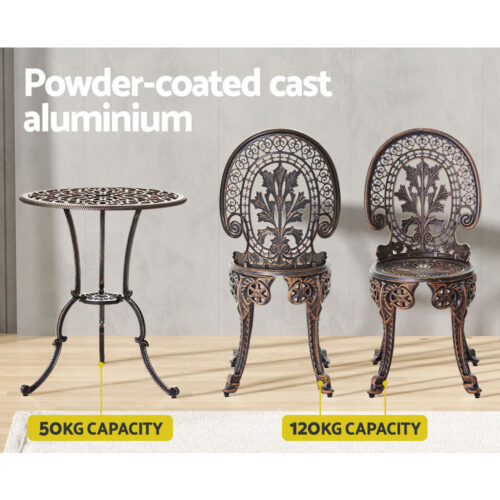 Gardeon 3PC Patio Furniture Outdoor Bistro Set Dining Chairs Aluminium Bronze - Image 5