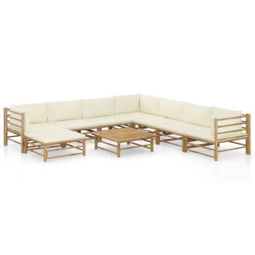 9-Piece Garden Lounge Set with Cream White Cushions Bamboo Outdoor Patio Furniture